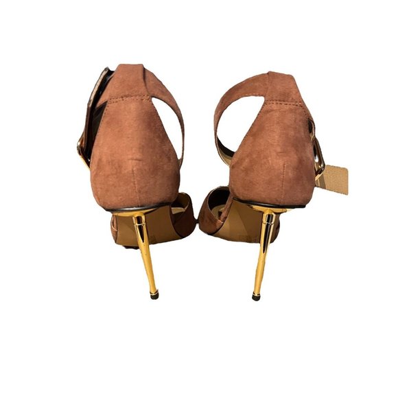 ASOS DESIGN Wide Fit Pierce Suede Feel Mocha w Gold Toe Cap & Heels Sz 9 NEW - Picture 4 of 7